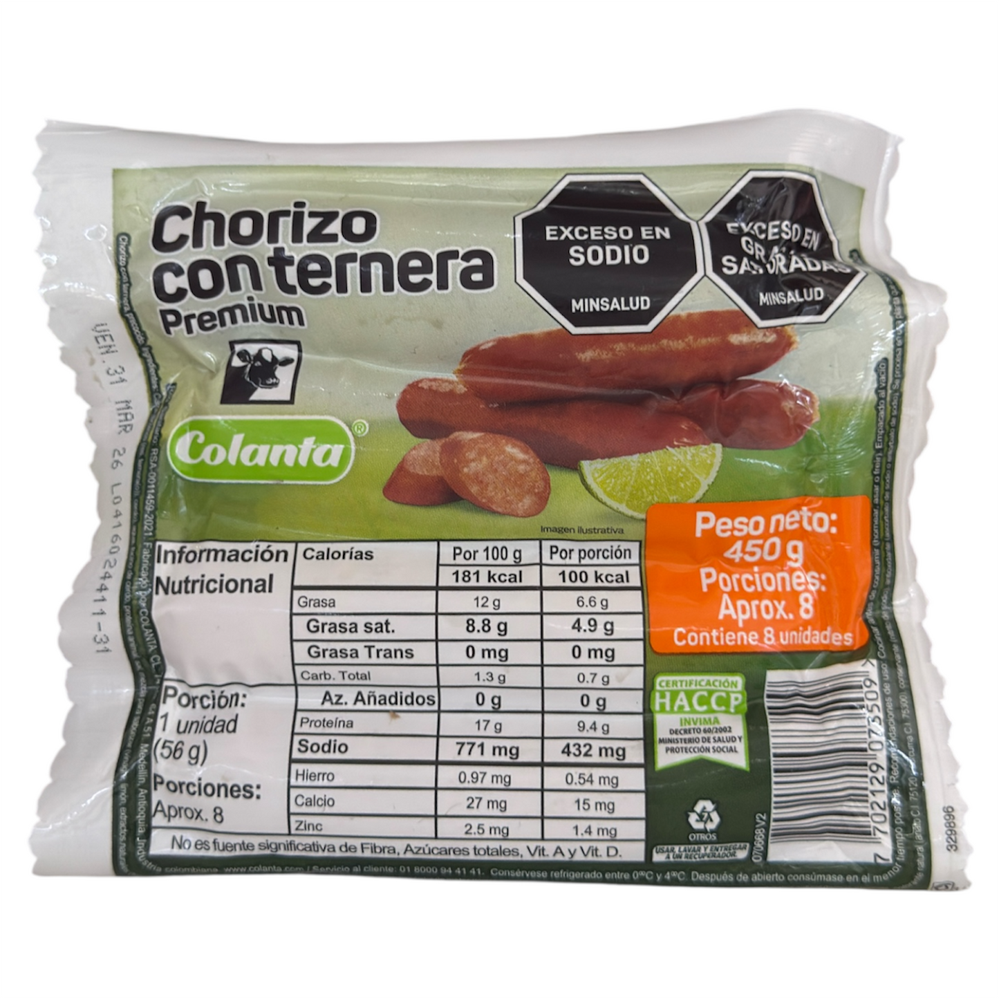 CHORIZO COLANTA X 450 G TERNERA PREMIUM